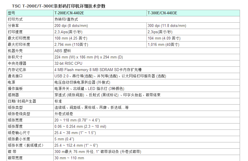 TSC T-200/T-300條碼打印機參數(shù)